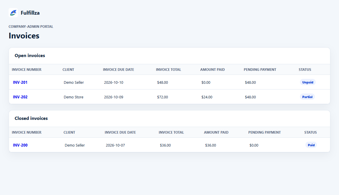 Fulfillza invoice list showing due dates, paid amounts and pending payments with demo data